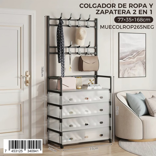 [MUECOLROP265NEG] Colgador de Ropa y Zapatera (2 en 1)